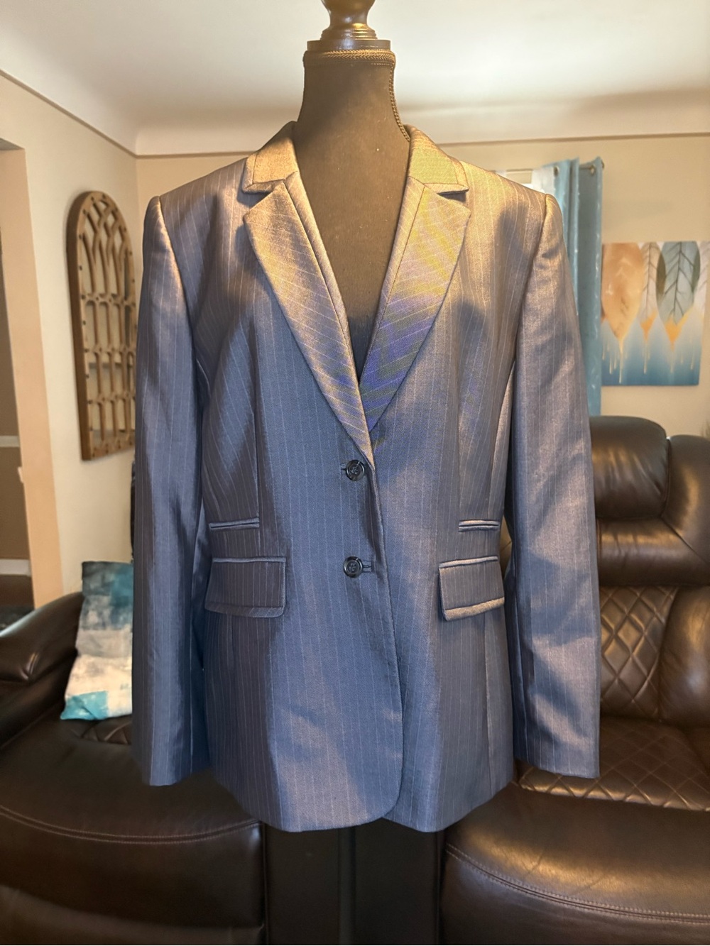 NWOT Tahari ASL 2 Button Pinstripe Blazer In Gray With Pink Lining Size 16